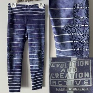 Evolution & Creation EVCR Hamsa Hand Blue White striped Yoga Capri Leggings XS